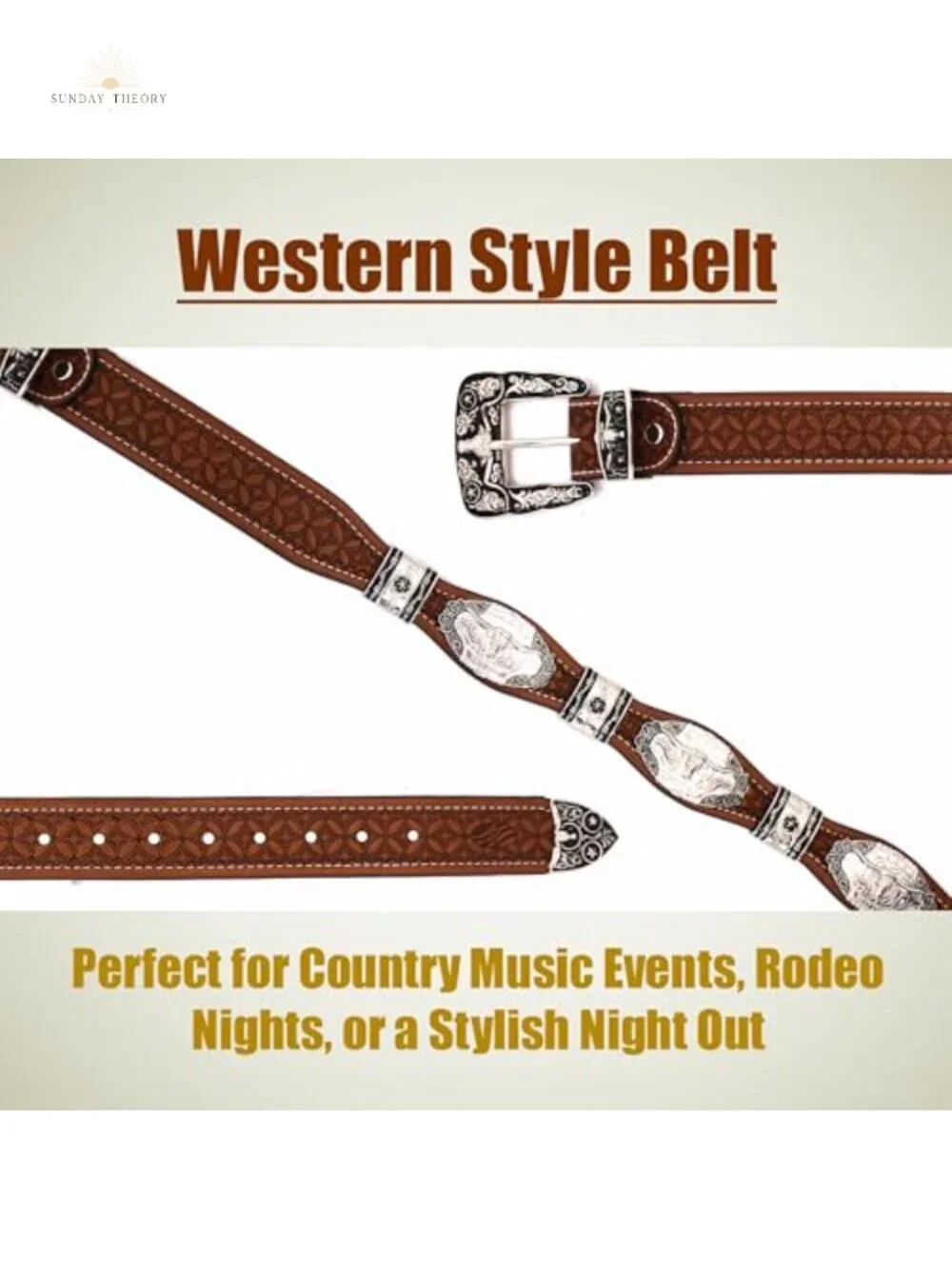 Genuine Leather Concho Belt - Ornate Silver Star Buckle Western